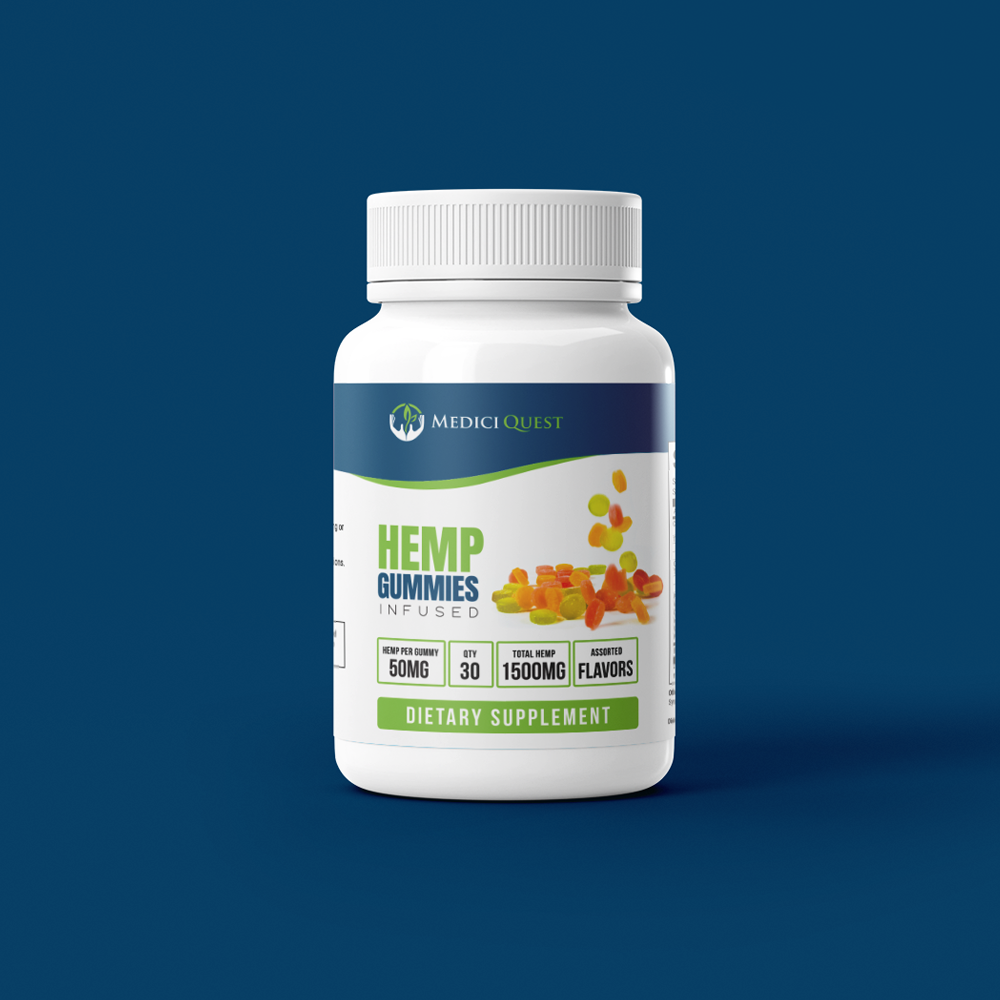 Medici Quest's Hemp Gummies beautifully displayed on the brand's midnight blue backdrop.