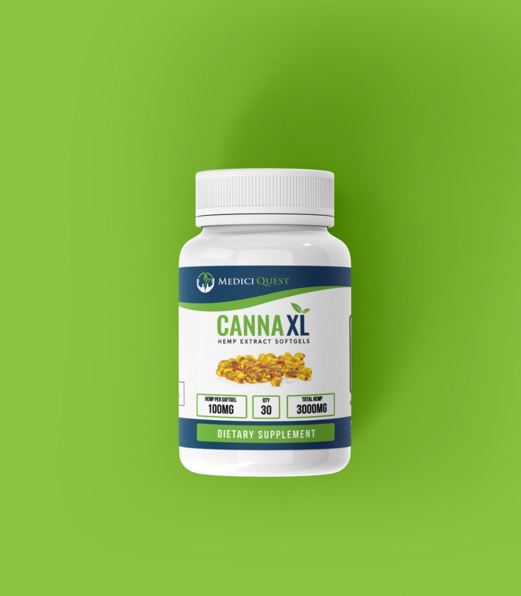 CannaXL Softgels beautifully displayed on their brand's vibrant green backdrop.